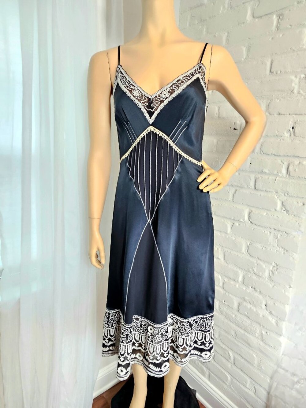 Mint Black Silk Slip Dress Size 8 Lace Trim Midi
